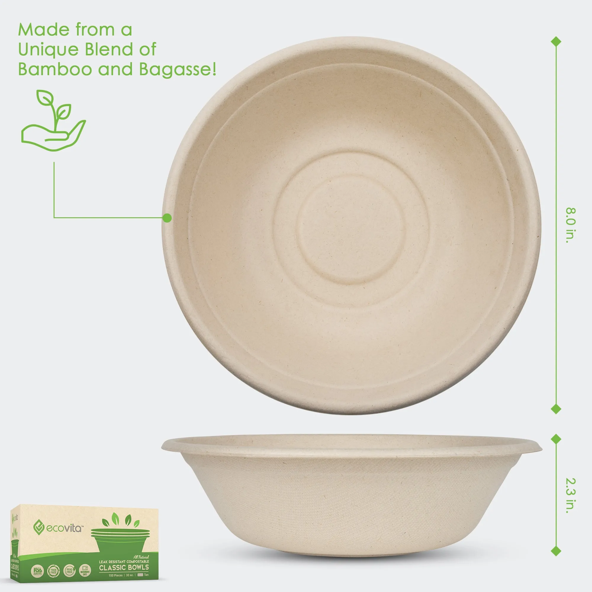 100% Compostable Paper Bowls [32 oz.] – 150 Disposable Bowls Eco Friendly Sturdy Tree Free Alternative to Plastic or Paper Bowls