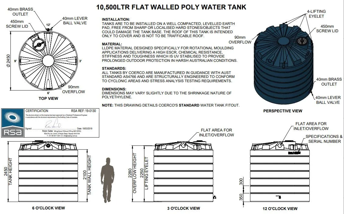 10,500LTR Premium Flatwall Round Poly Water Tanks Perth