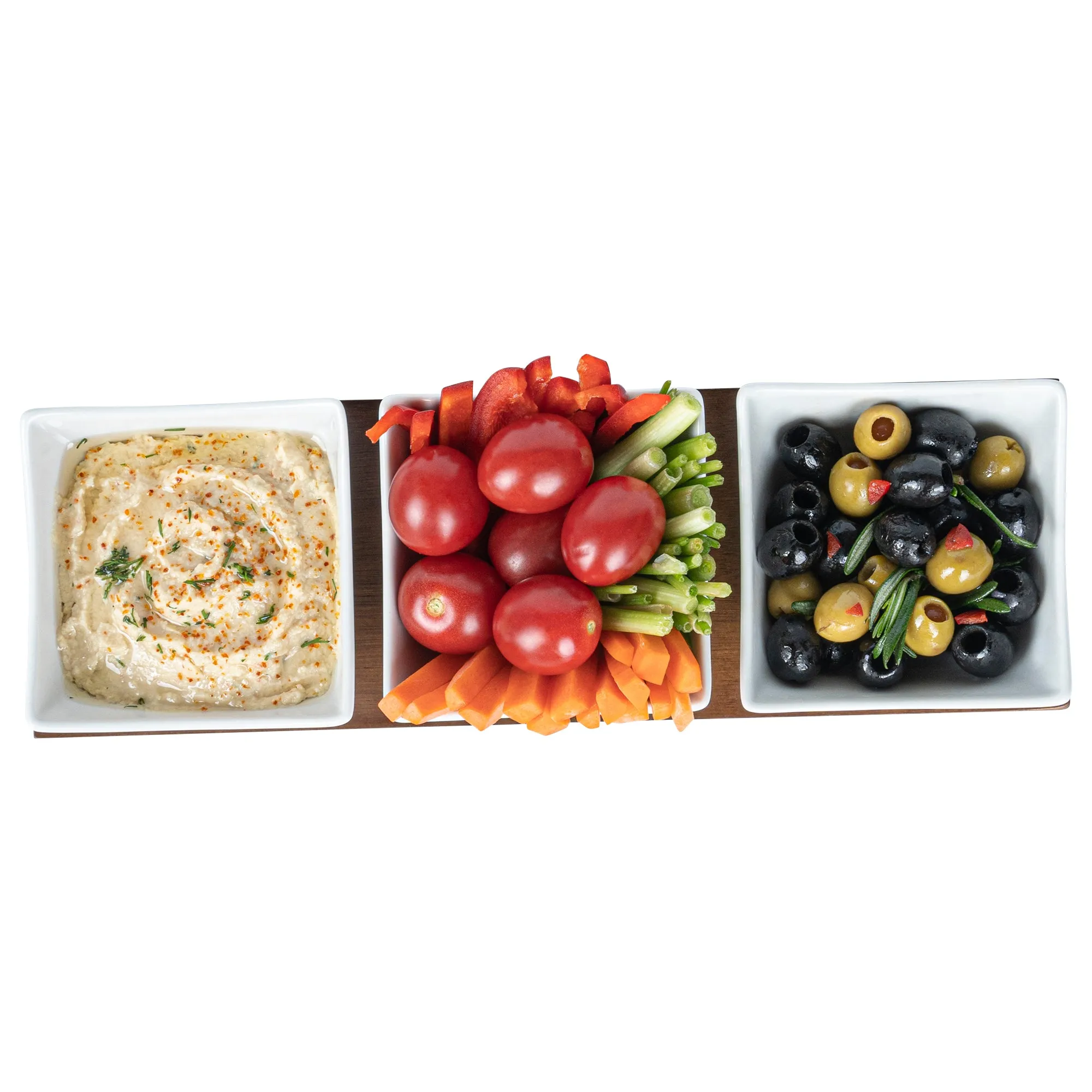 15 oz Rectangle White Porcelain Cocktail Bowl Set - 3 Bowls, Bamboo Tray - 12" x 4" x 2 1/2" - 1 count box