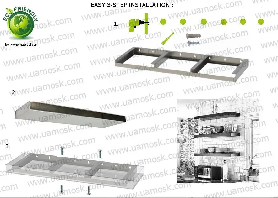 24"x12"x2.5" (cm.61x30.5x6.4) brushed stainless steel floating shelf