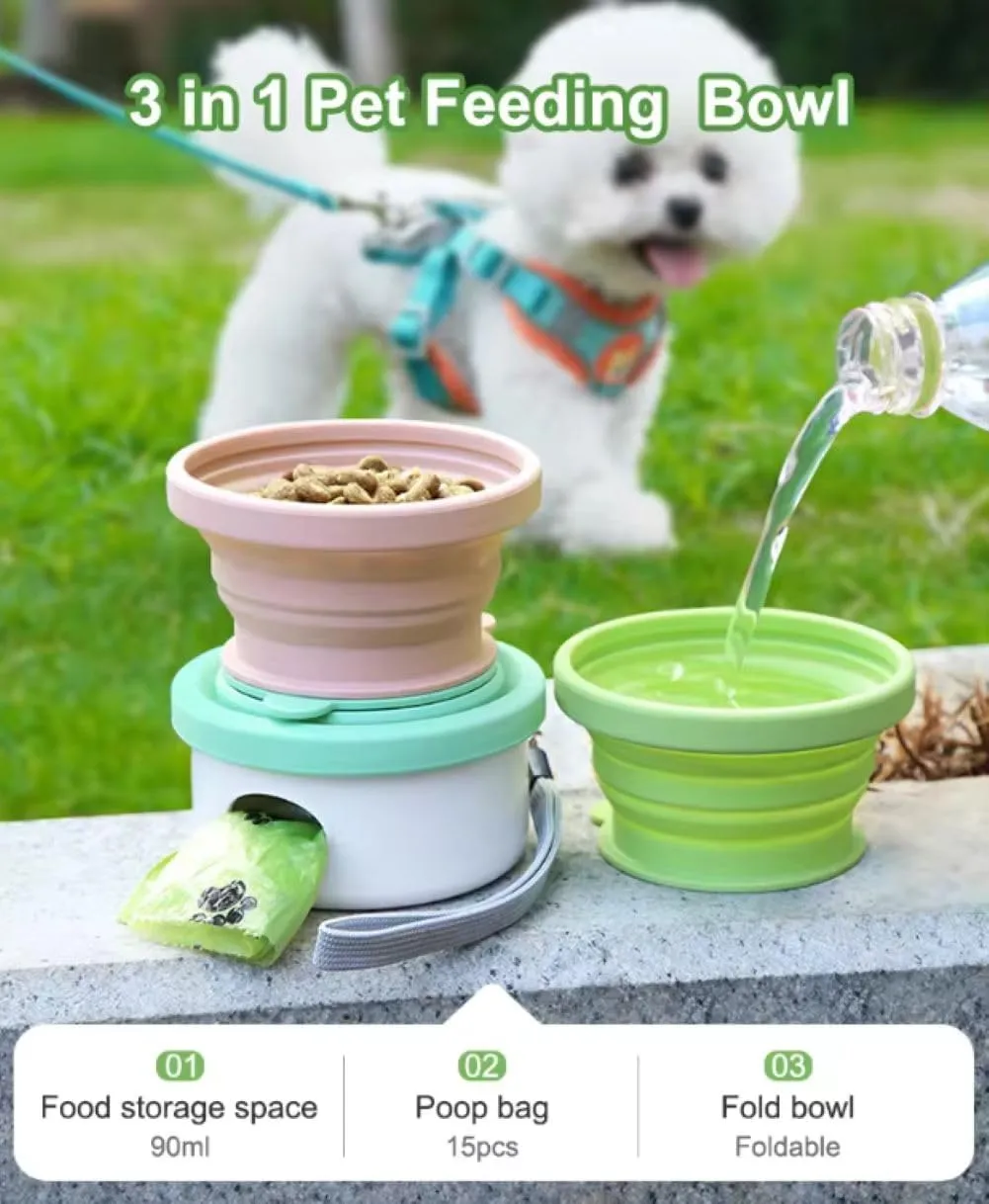 3 in 1 Collapsible Dog Bowl, Treat Container, Poop Bag Holder with 1 Roll Poop Bags  Practical Silicone Dog Bowl  Durable Pet Bowls for Travel Essentials, Daily Walks (Green)