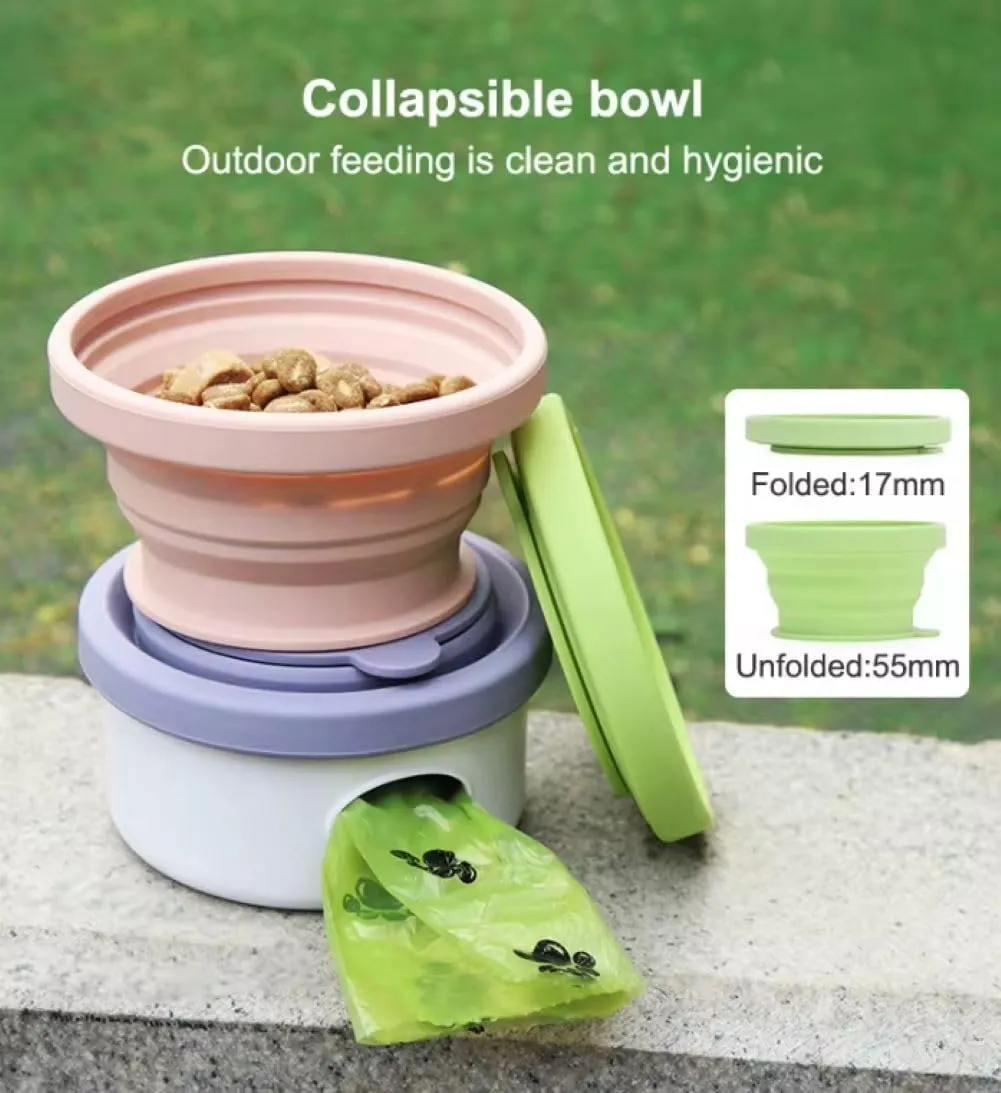 3 in 1 Collapsible Dog Bowl, Treat Container, Poop Bag Holder with 1 Roll Poop Bags  Practical Silicone Dog Bowl  Durable Pet Bowls for Travel Essentials, Daily Walks (Green)