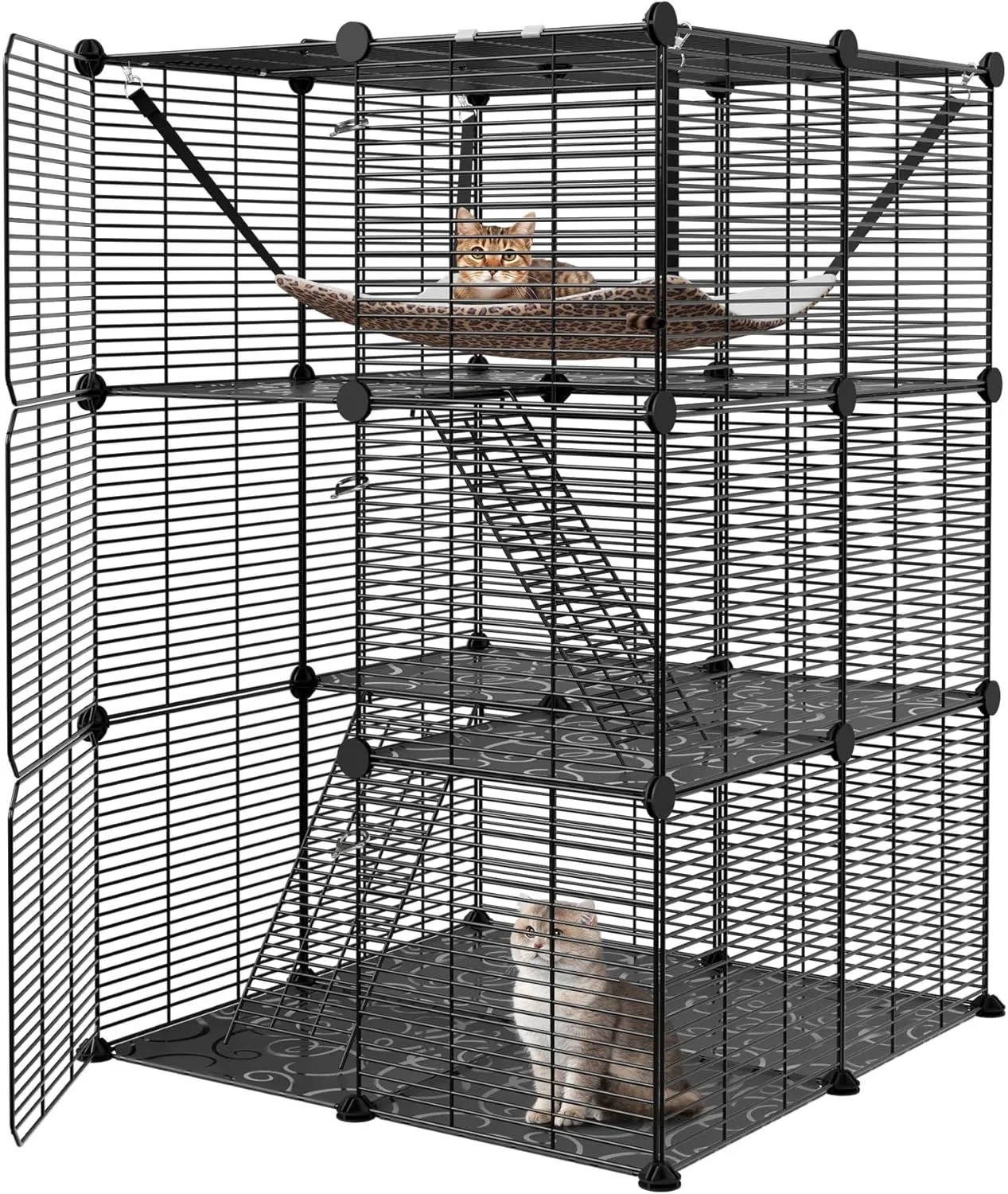 3-Tier Cat Cage Indoor Cat Enclosures DIY Cat Kennel Detachable Metal Wire Playpen with Hammock for 1-2 Cats Ferret Chinchilla Rabbit