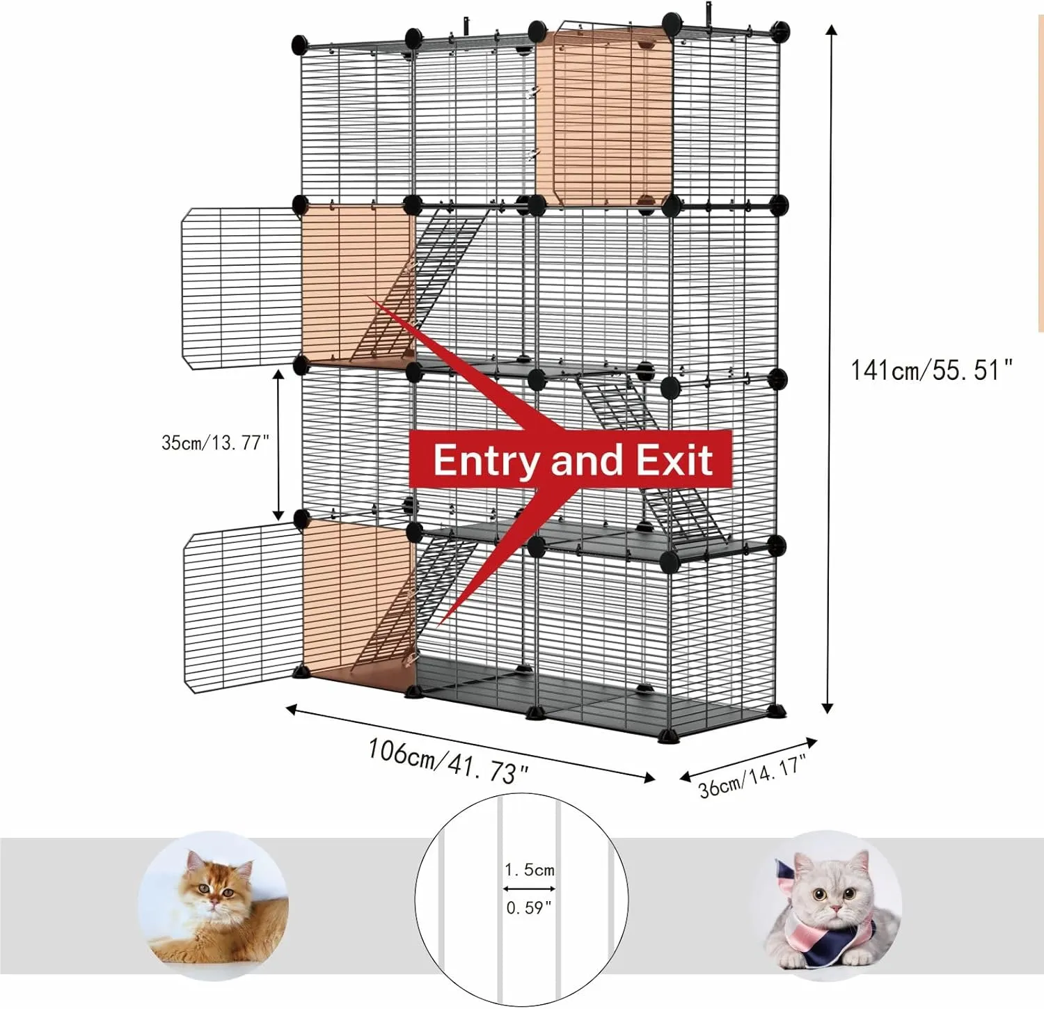 3 Tier Cat Cage Indoor, Large Wire Cat Cage Kennels Enclosures DIY Playpen Crates, Pet Pen C&C Cage for 1-2 Cats Kittens Guinea Pig Ferret Chinchilla Rabbit