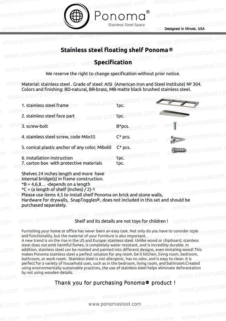 40"x12"x2.5" (cm.101.6x30.5x6.4) stainless steel floating shelf