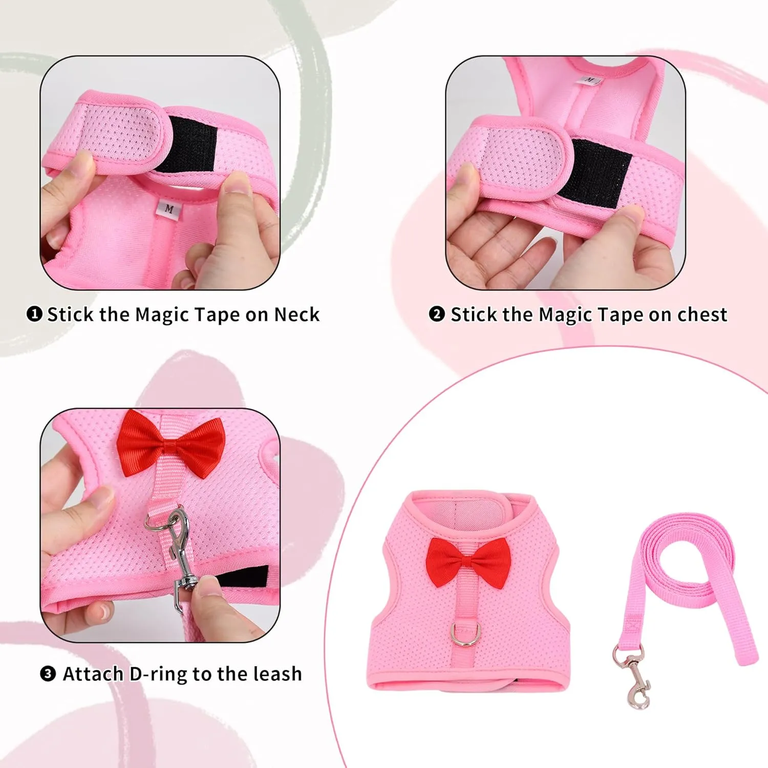 AIITLE Bunny Harness and Leash Set with Cute Bow, Soft Breathable Mesh Vest Harness for Rabbits Kitten Ferret Small Pig Puppy Walking Supplies Pink M