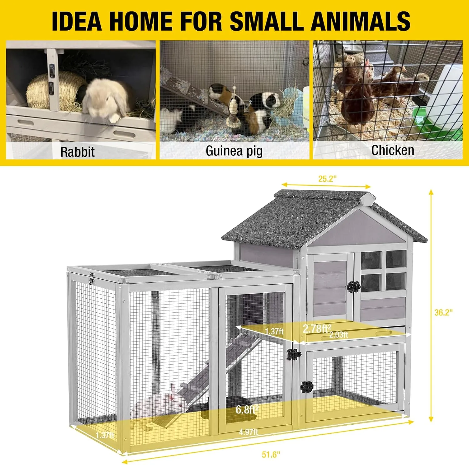 Aivituvin Rabbit Hutch Indoor Outdoor 51.6''L Chicken Coop Bunny Cage with Run,Guinea Pig House Pull Out Upper Tray (51.6" L x 25.2" W x 36.2" H, Grey-1 Set)