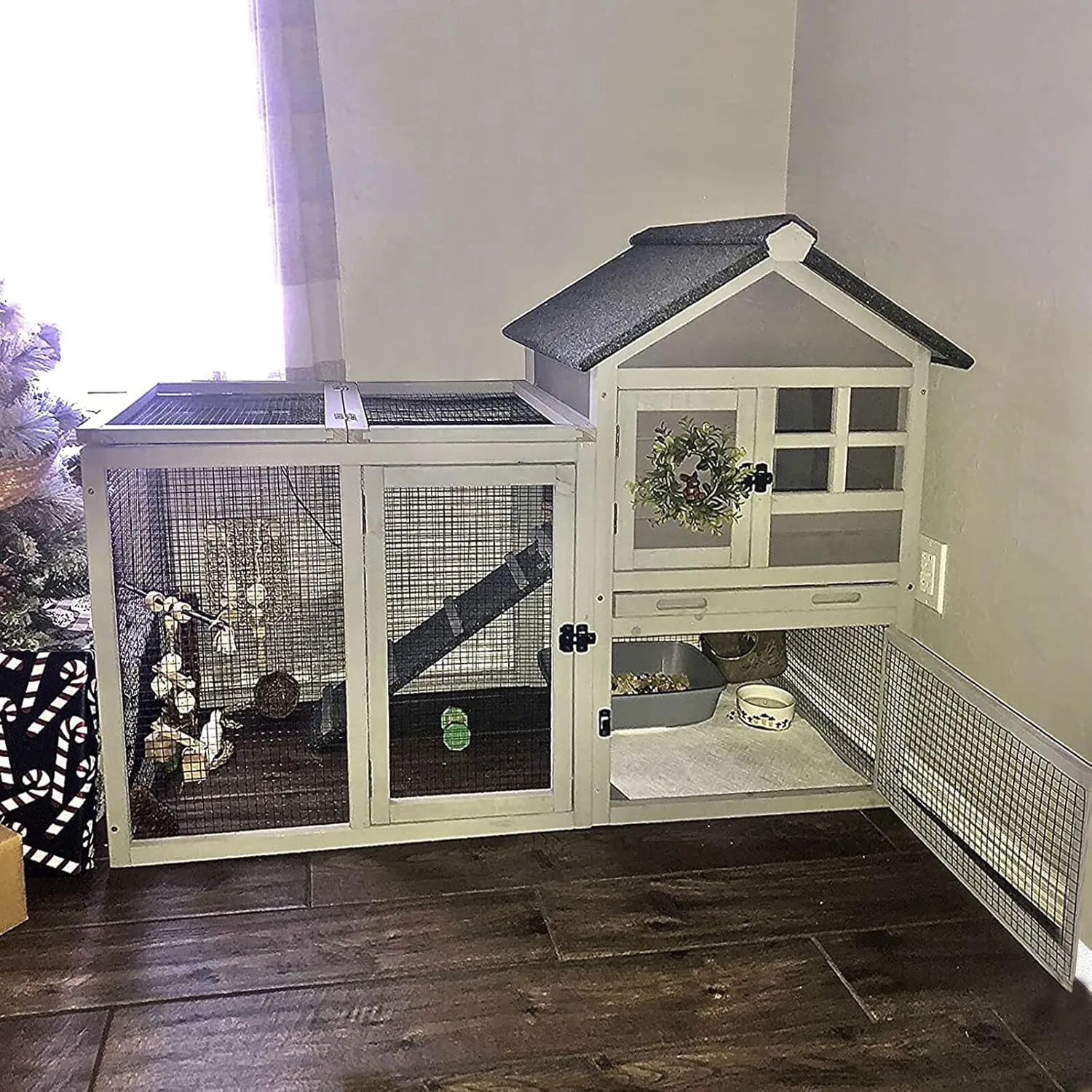 Aivituvin Rabbit Hutch Indoor Outdoor 51.6''L Chicken Coop Bunny Cage with Run,Guinea Pig House Pull Out Upper Tray (51.6" L x 25.2" W x 36.2" H, Grey-1 Set)