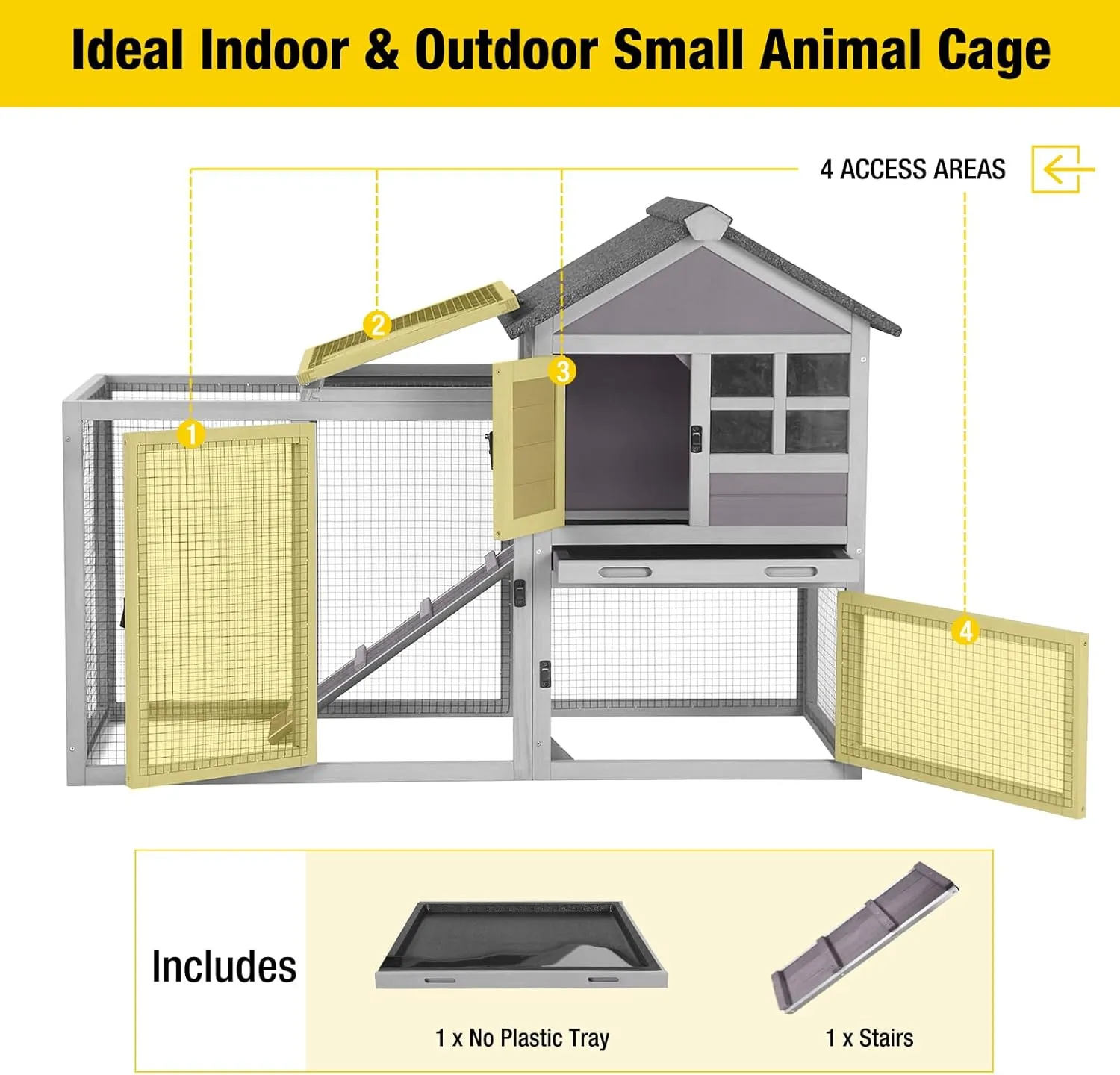 Aivituvin Rabbit Hutch Indoor Outdoor 51.6''L Chicken Coop Bunny Cage with Run,Guinea Pig House Pull Out Upper Tray (51.6" L x 25.2" W x 36.2" H, Grey-1 Set)