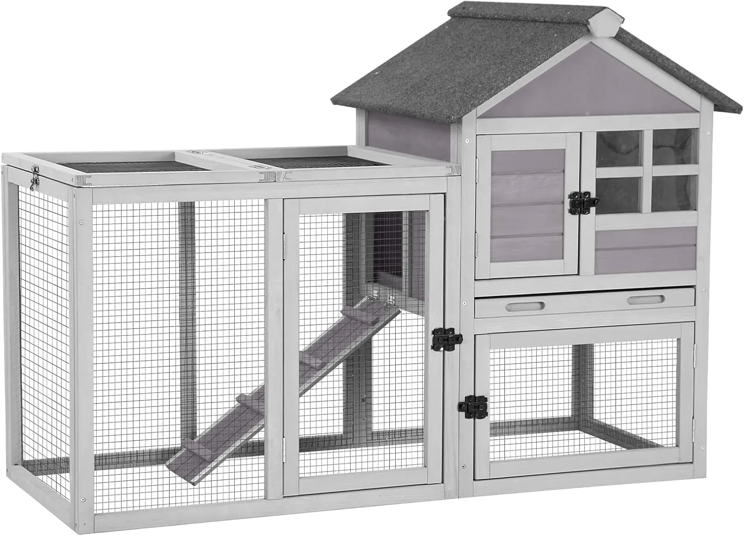 Aivituvin Rabbit Hutch Indoor Outdoor 51.6''L Chicken Coop Bunny Cage with Run,Guinea Pig House Pull Out Upper Tray (51.6" L x 25.2" W x 36.2" H, Grey-1 Set)