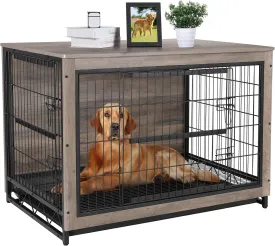 Arlopu 44" Dog Crate Furniture, Wooden Kennel for Dogs Indoor, Modern Heavy-Duty Dog Cage, Pet House Side End Table, Night Stand w/Removable Tray, Reinforced Door Metal Wire, Beige Grey