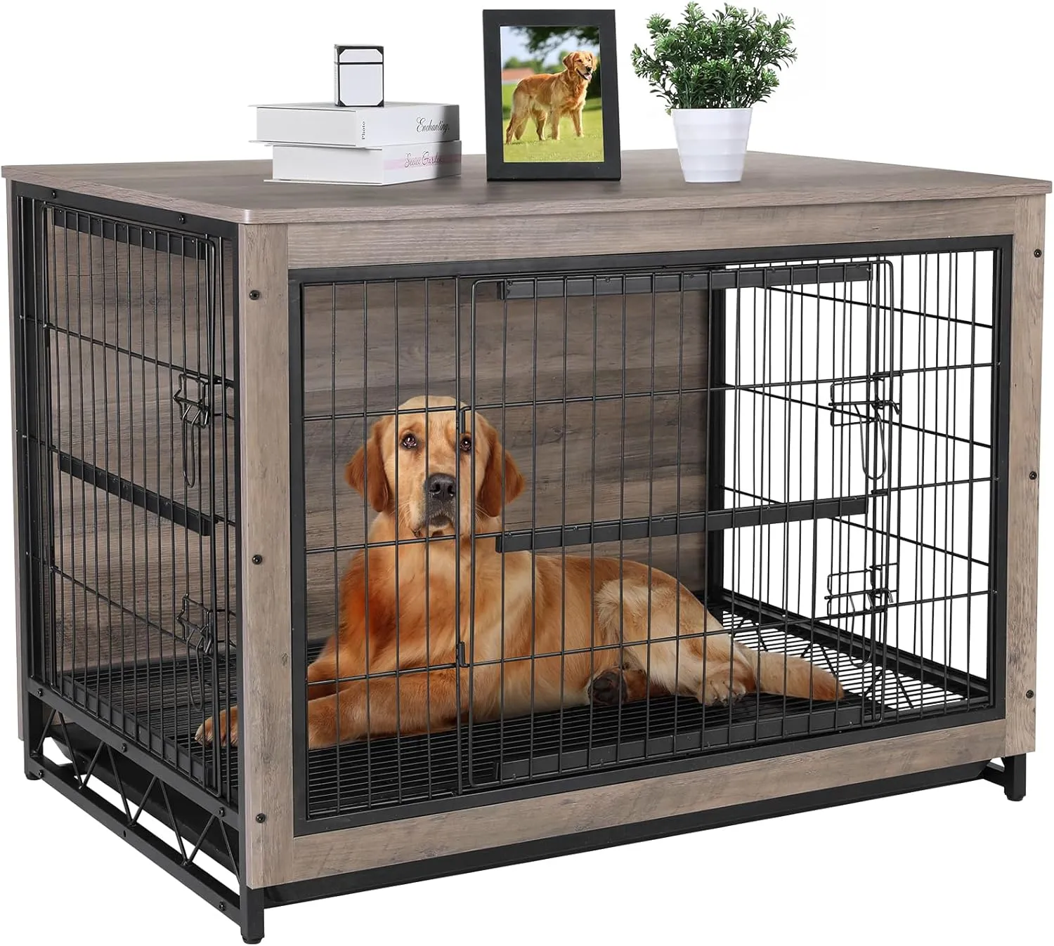 Arlopu 44" Dog Crate Furniture, Wooden Kennel for Dogs Indoor, Modern Heavy-Duty Dog Cage, Pet House Side End Table, Night Stand w/Removable Tray, Reinforced Door Metal Wire, Beige Grey