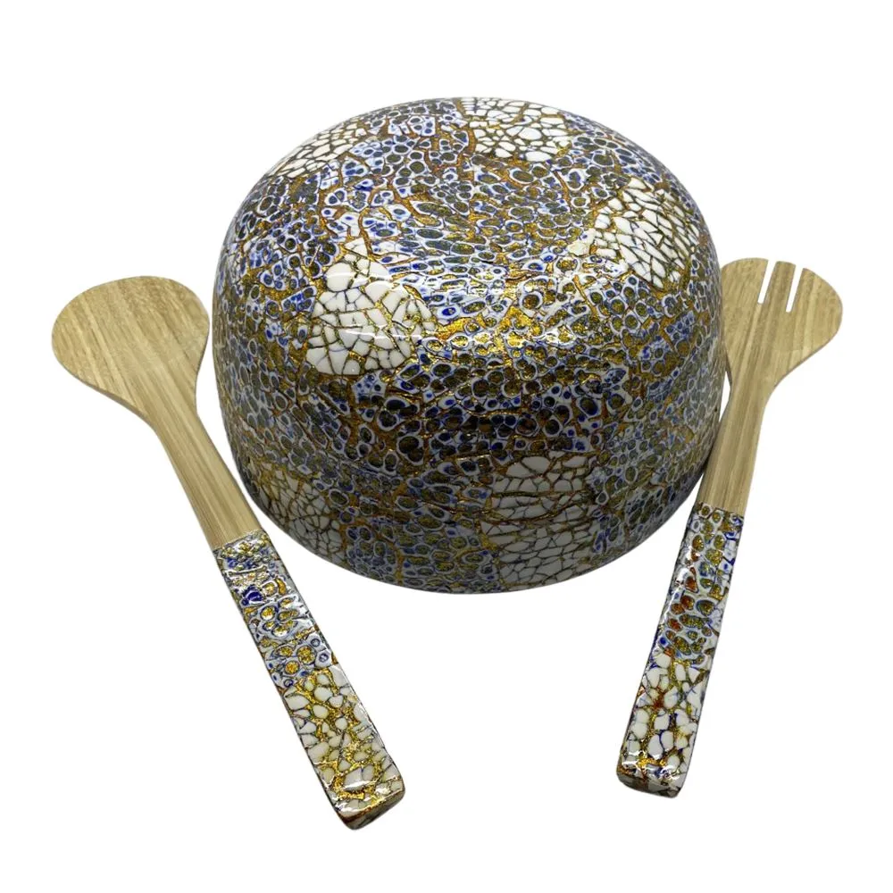 Bamboo Salad Bowl, 23x10cm, Crackled Blue, with Matching Salad Servers