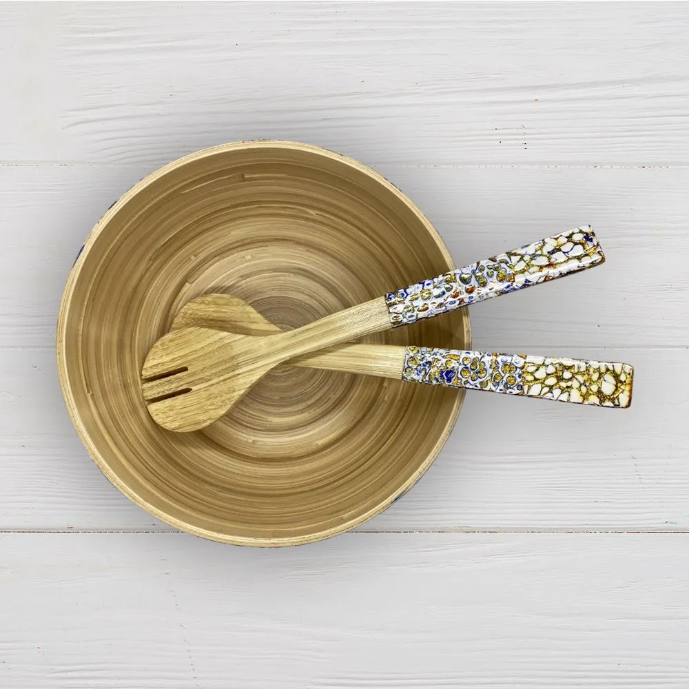 Bamboo Salad Bowl, 23x10cm, Crackled Blue, with Matching Salad Servers
