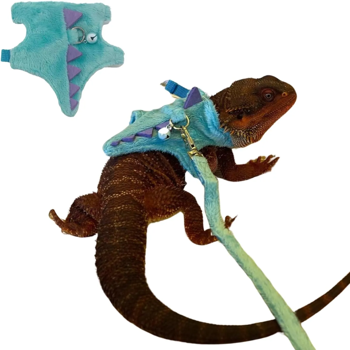 Bearded Dragon Harness and Leash Set - Soft Fleece Dinosaur Vest with Safe Bell Adjustable Lizard Traction Rope Escape Proof Outdoor Walking Training Leash for Ferret Rat Kitten Puppy (Blue)