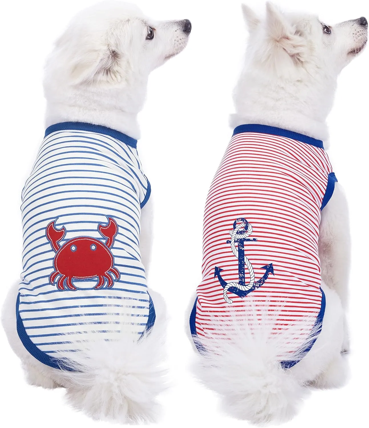 Blueberry Pet Soft & Comfy Summer Vacation Beach Cotton Dog T-Shirts, 2 Pack, Sunshine Sea Lover Striped Shirts Tank Top Clothes, Back Length 12", for Small Medium Dogs