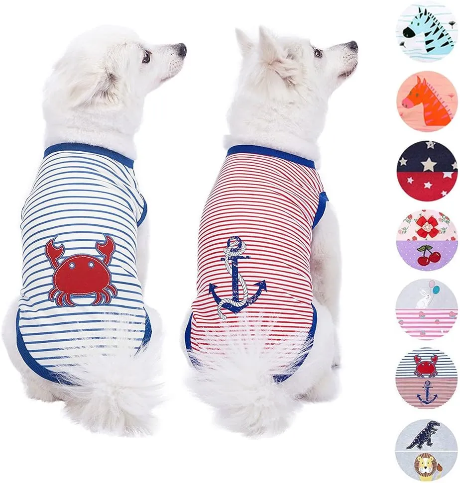 Blueberry Pet Soft & Comfy Summer Vacation Beach Cotton Dog T-Shirts, 2 Pack, Sunshine Sea Lover Striped Shirts Tank Top Clothes, Back Length 12", for Small Medium Dogs