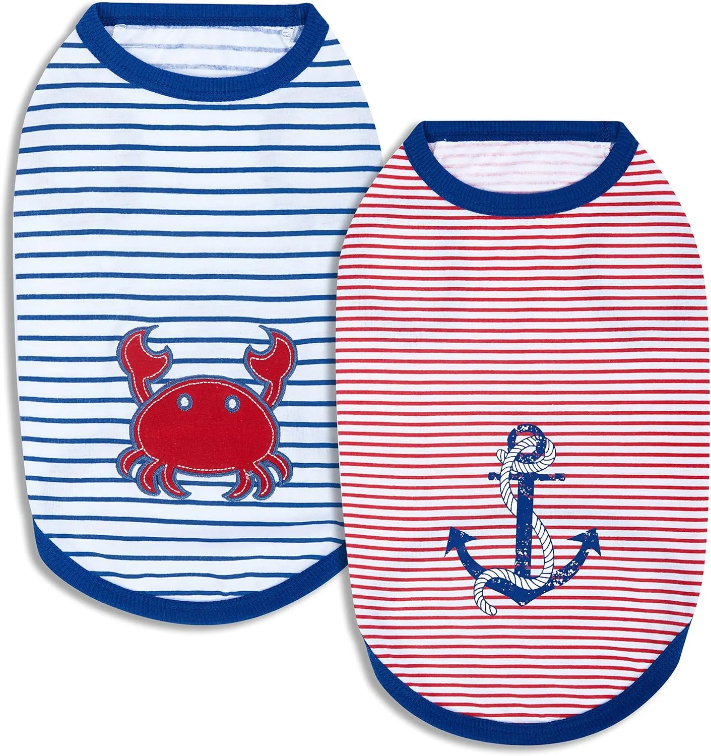 Blueberry Pet Soft & Comfy Summer Vacation Beach Cotton Dog T-Shirts, 2 Pack, Sunshine Sea Lover Striped Shirts Tank Top Clothes, Back Length 12", for Small Medium Dogs
