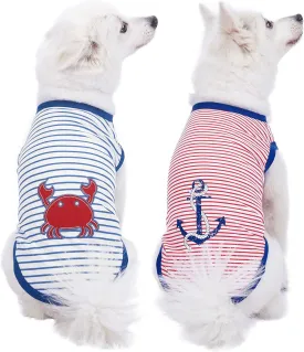 Blueberry Pet Soft & Comfy Summer Vacation Beach Cotton Dog T-Shirts, 2 Pack, Sunshine Sea Lover Striped Shirts Tank Top Clothes, Back Length 12", for Small Medium Dogs