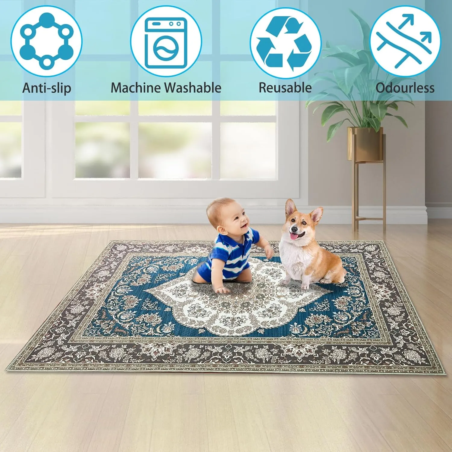 BNOSDM 2 Pcs Dog Playpen Mat Washable Reusable Puppy Pad, 47x31 Inch Floor Protector Rug Non-Slip Pet Mats for Dogs Rabbits Kennel