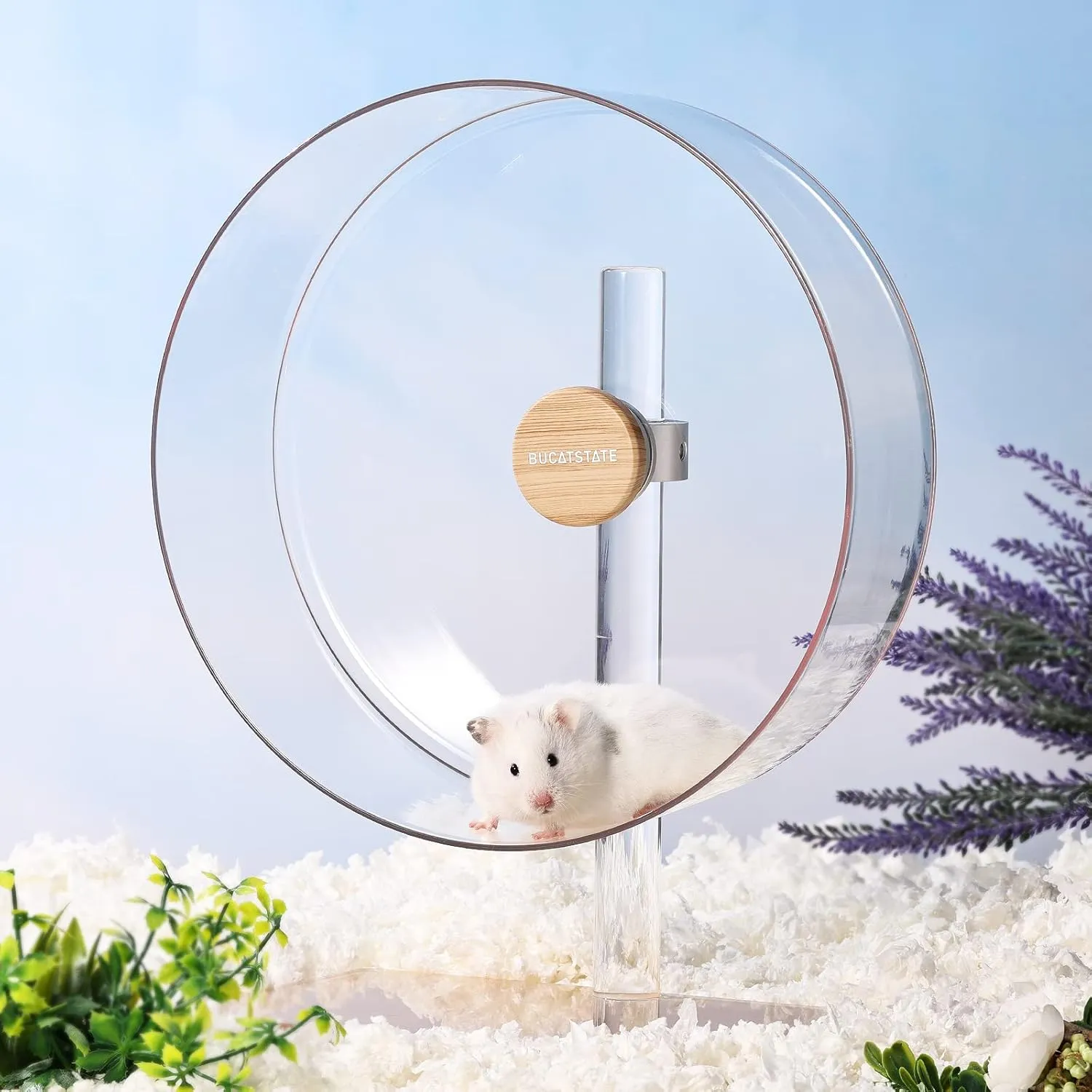 BUCATSTATE Hamster Wheel Silent 12.5inch, Acrylic Hamster Exercise Wheel with Stable Adjustable Stand Running Wheel for Golden Bear Hamster, Sugar Gliders, Rats, Hedgehogs (Transparent)