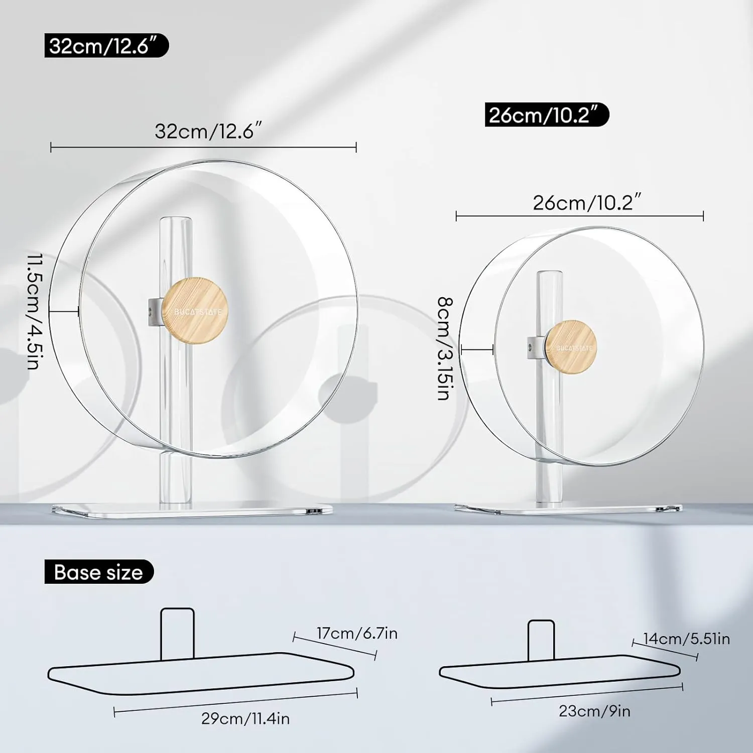 BUCATSTATE Hamster Wheel Silent 12.5inch, Acrylic Hamster Exercise Wheel with Stable Adjustable Stand Running Wheel for Golden Bear Hamster, Sugar Gliders, Rats, Hedgehogs (Transparent)