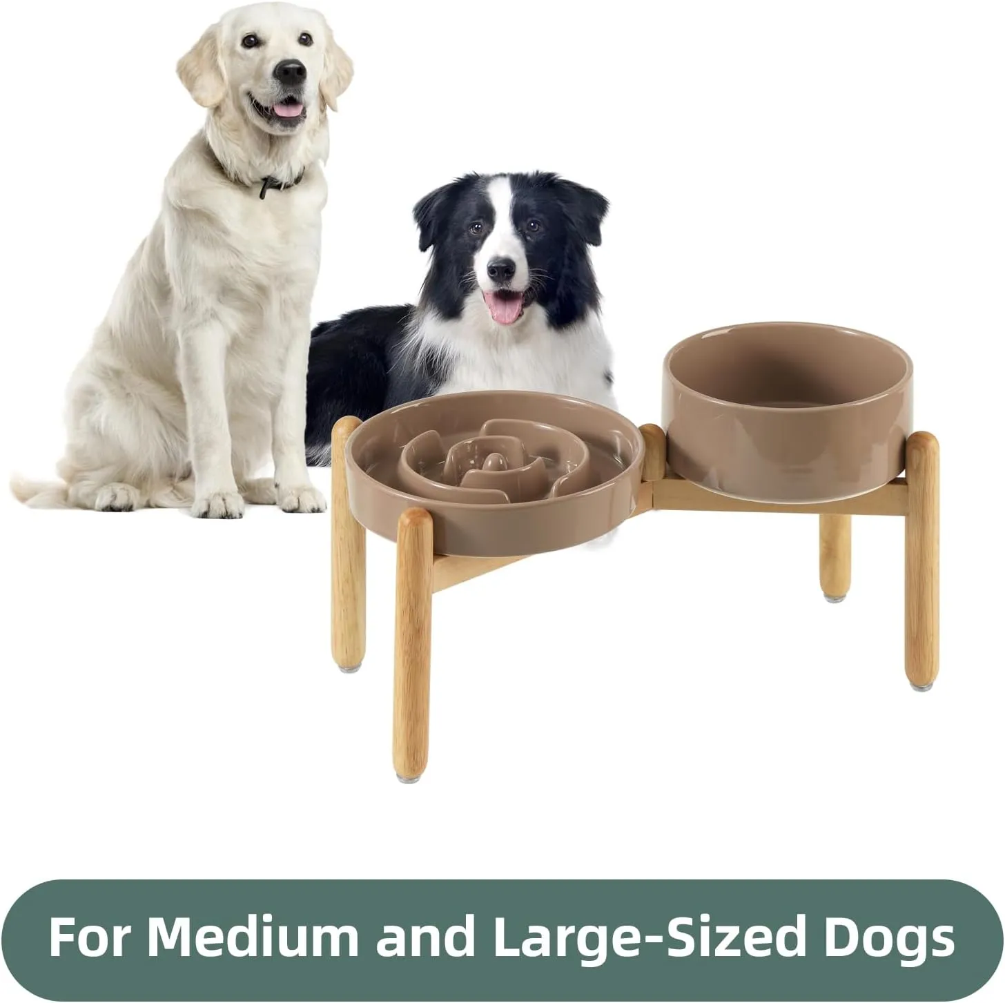 Ceramic Raised Slow Feeder Dog Bowl Set, Elevated 7.3inch Bowl and 8.2inch Puzzle Slow Dish with Wooden Stand for Medium and Large Dog, Anti-Gulping (2X Brown Coffee  Stand)