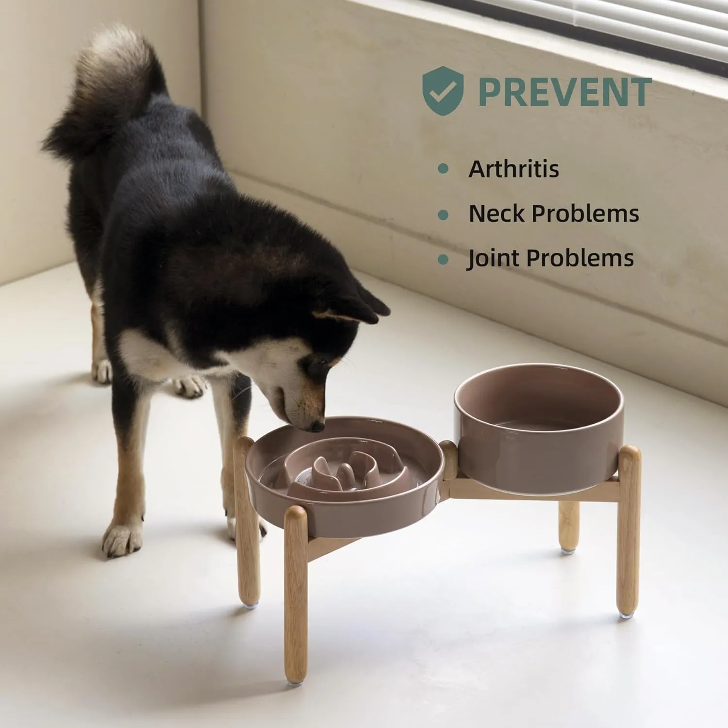 Ceramic Raised Slow Feeder Dog Bowl Set, Elevated 7.3inch Bowl and 8.2inch Puzzle Slow Dish with Wooden Stand for Medium and Large Dog, Anti-Gulping (2X Brown Coffee  Stand)
