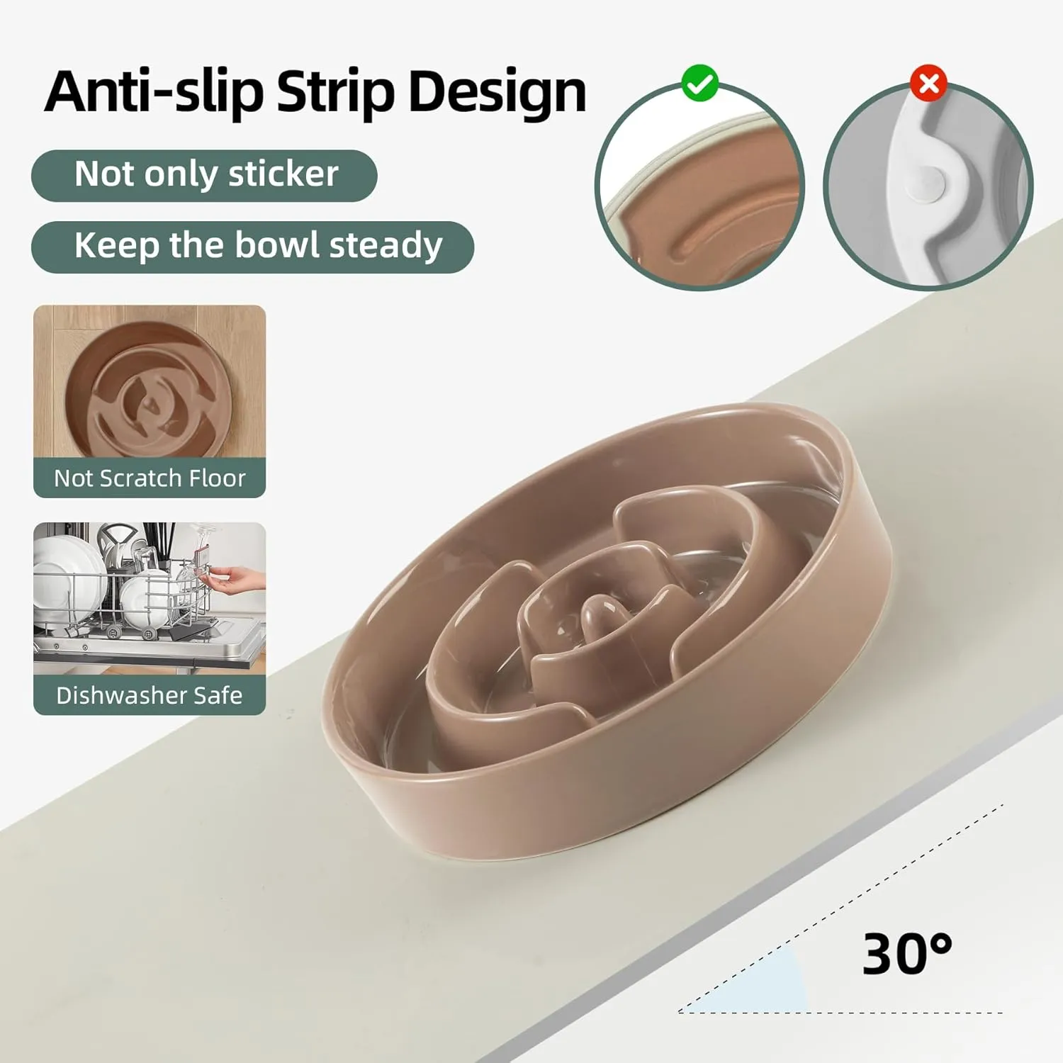 Ceramic Raised Slow Feeder Dog Bowl Set, Elevated 7.3inch Bowl and 8.2inch Puzzle Slow Dish with Wooden Stand for Medium and Large Dog, Anti-Gulping (2X Brown Coffee  Stand)