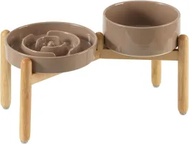 Ceramic Raised Slow Feeder Dog Bowl Set, Elevated 7.3inch Bowl and 8.2inch Puzzle Slow Dish with Wooden Stand for Medium and Large Dog, Anti-Gulping (2X Brown Coffee  Stand)