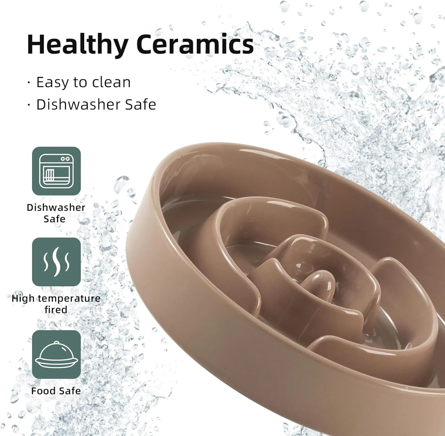Ceramic Raised Slow Feeder Dog Bowl Set, Elevated 7.3inch Bowl and 8.2inch Puzzle Slow Dish with Wooden Stand for Medium and Large Dog, Anti-Gulping (2X Brown Coffee  Stand)