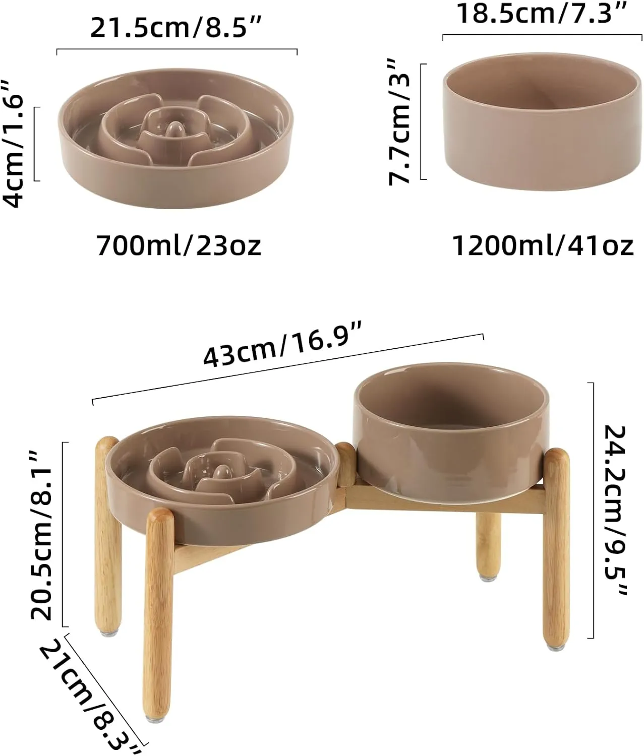 Ceramic Raised Slow Feeder Dog Bowl Set, Elevated 7.3inch Bowl and 8.2inch Puzzle Slow Dish with Wooden Stand for Medium and Large Dog, Anti-Gulping (2X Brown Coffee  Stand)
