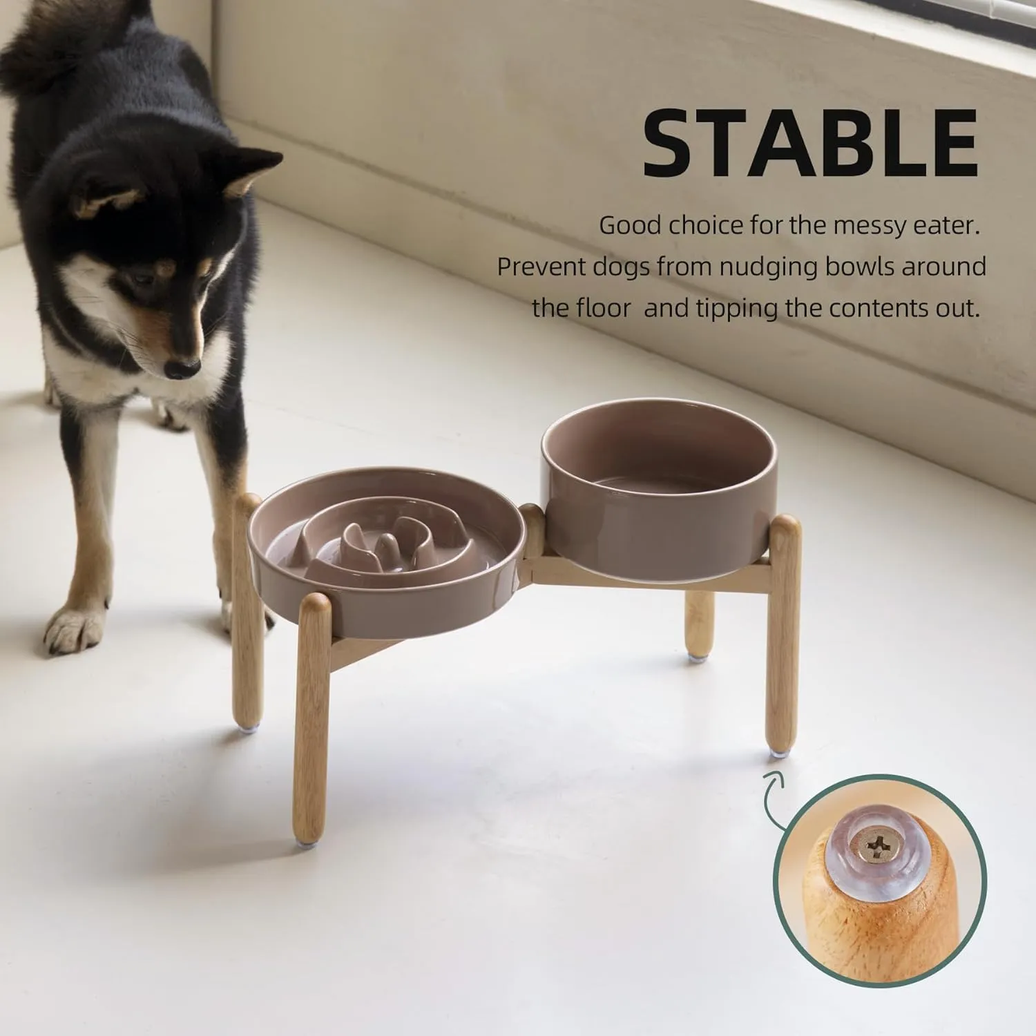 Ceramic Raised Slow Feeder Dog Bowl Set, Elevated 7.3inch Bowl and 8.2inch Puzzle Slow Dish with Wooden Stand for Medium and Large Dog, Anti-Gulping (2X Brown Coffee  Stand)