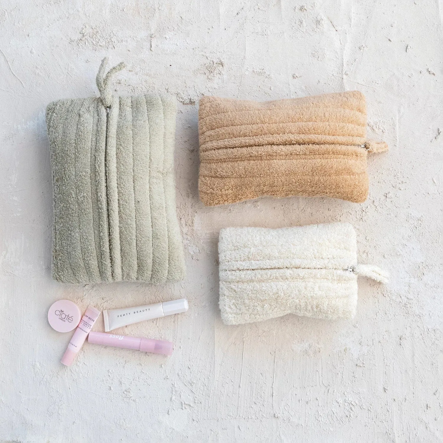 Creative Co-op Quilted Cotton Terry Zip Pouches with Cotton Lining