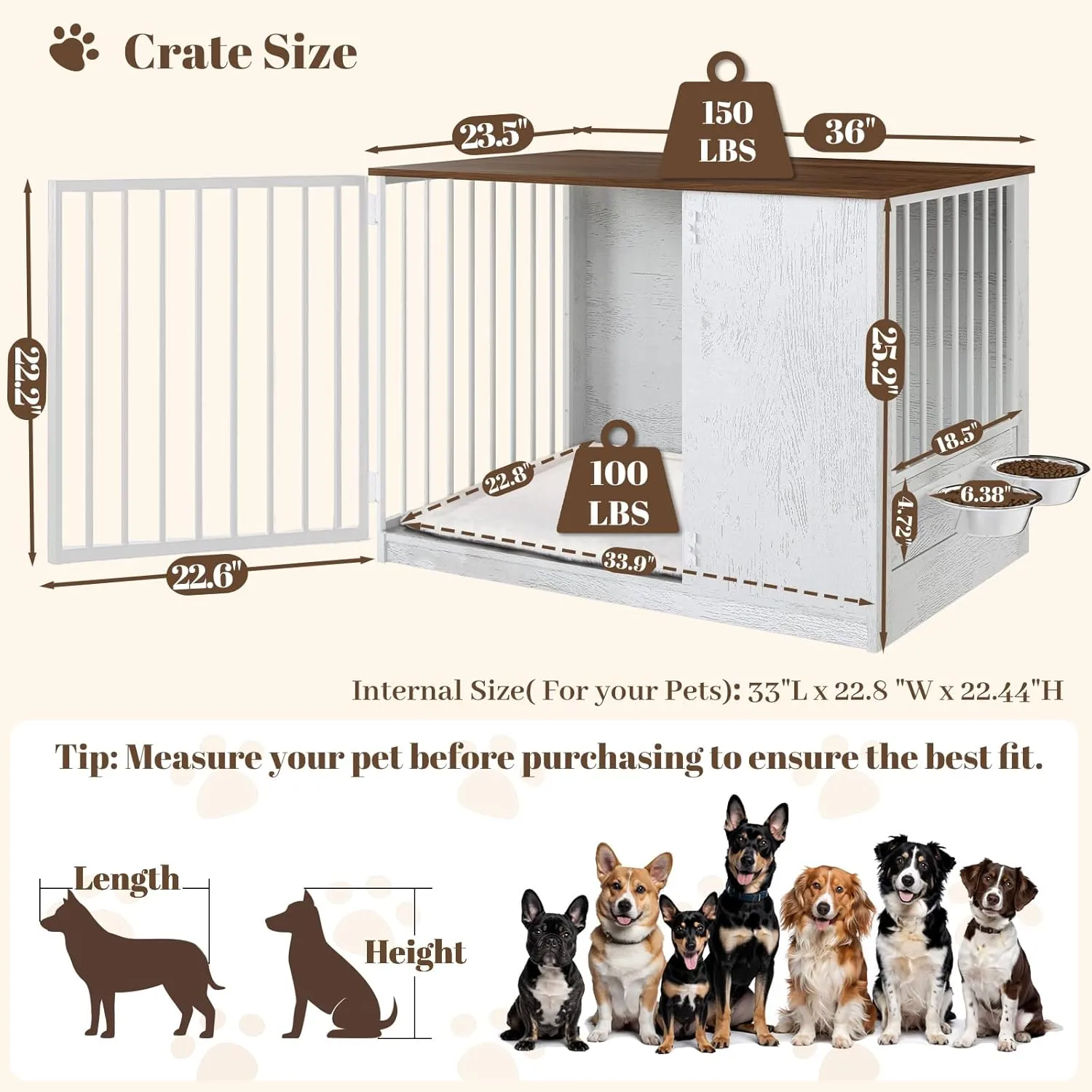 Dog Crate Furniture for Large Dogs, 36" Indoor Wooden Dog Kennel with 270 Swivel Door & 360 Rotating Feeder, Decorative Heavy Duty Dog House with Double Locks & Bowls, White
