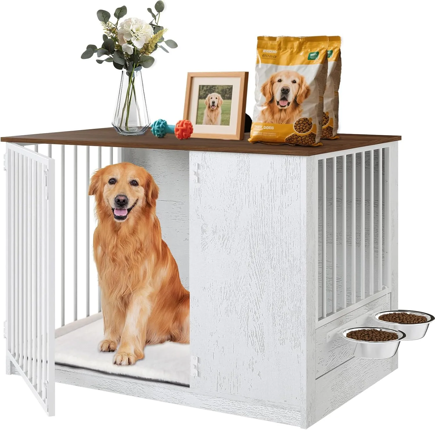 Dog Crate Furniture for Large Dogs, 36" Indoor Wooden Dog Kennel with 270 Swivel Door & 360 Rotating Feeder, Decorative Heavy Duty Dog House with Double Locks & Bowls, White