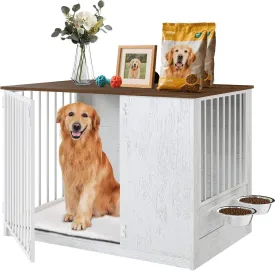 Dog Crate Furniture for Large Dogs, 36" Indoor Wooden Dog Kennel with 270 Swivel Door & 360 Rotating Feeder, Decorative Heavy Duty Dog House with Double Locks & Bowls, White
