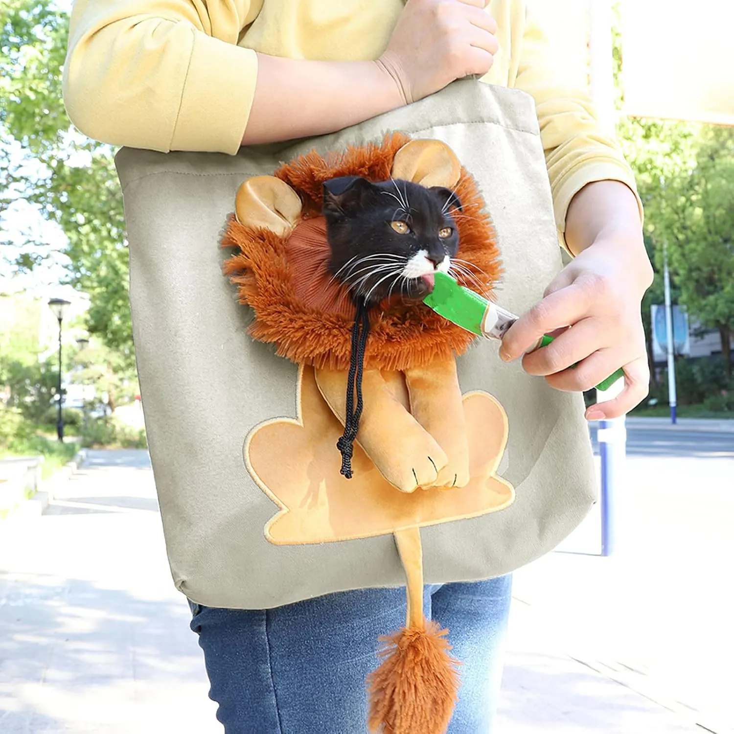Dog Tote Bag with Zipper Cat Shoulder Carrier Lion-Shaped Pet Canvas Bag for Daily Use Walking Travel (S, Light Grey)