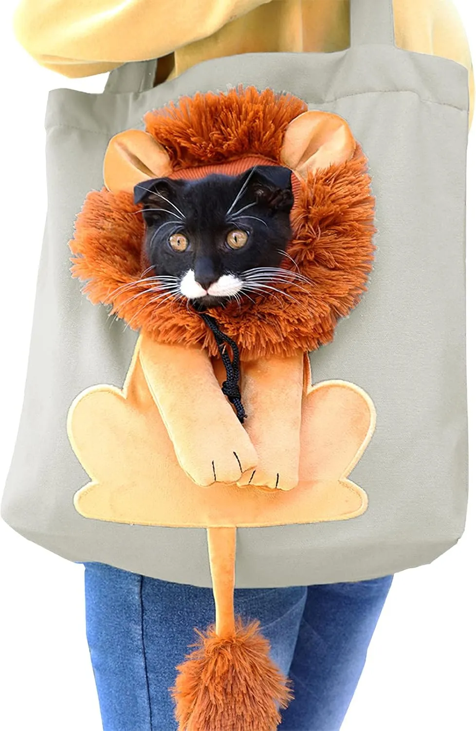 Dog Tote Bag with Zipper Cat Shoulder Carrier Lion-Shaped Pet Canvas Bag for Daily Use Walking Travel (S, Light Grey)