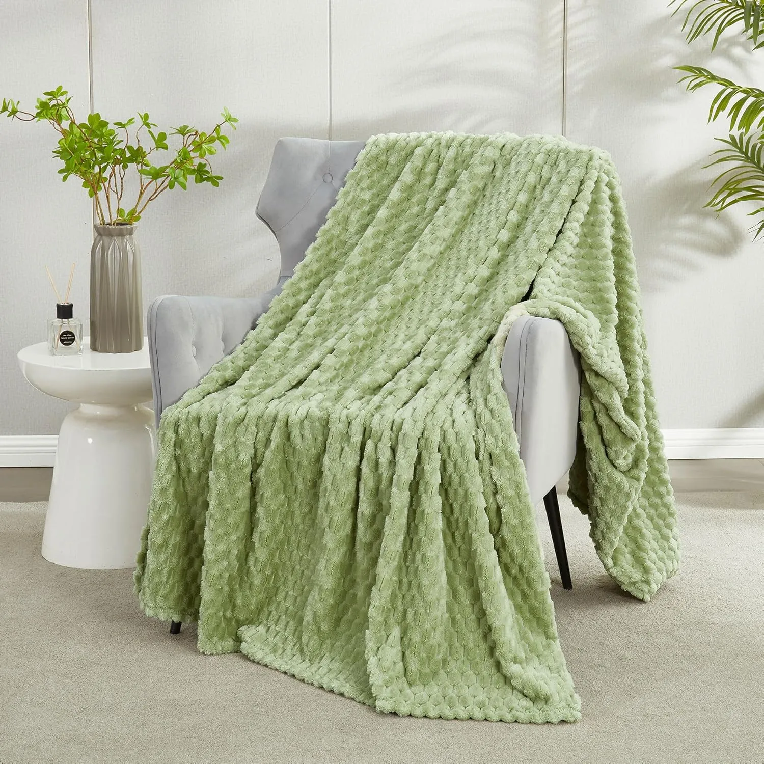 DREAMNINE Decorative Soft Plush Fleece Throw Blanket for Couch Sofa 50" x 60", Luxury Shaggy Lightweight 3D Pattern Velvet Flannel Blanket for Bedroom, Solid Cute Warm Lap Blanket for Winter Pet,Green