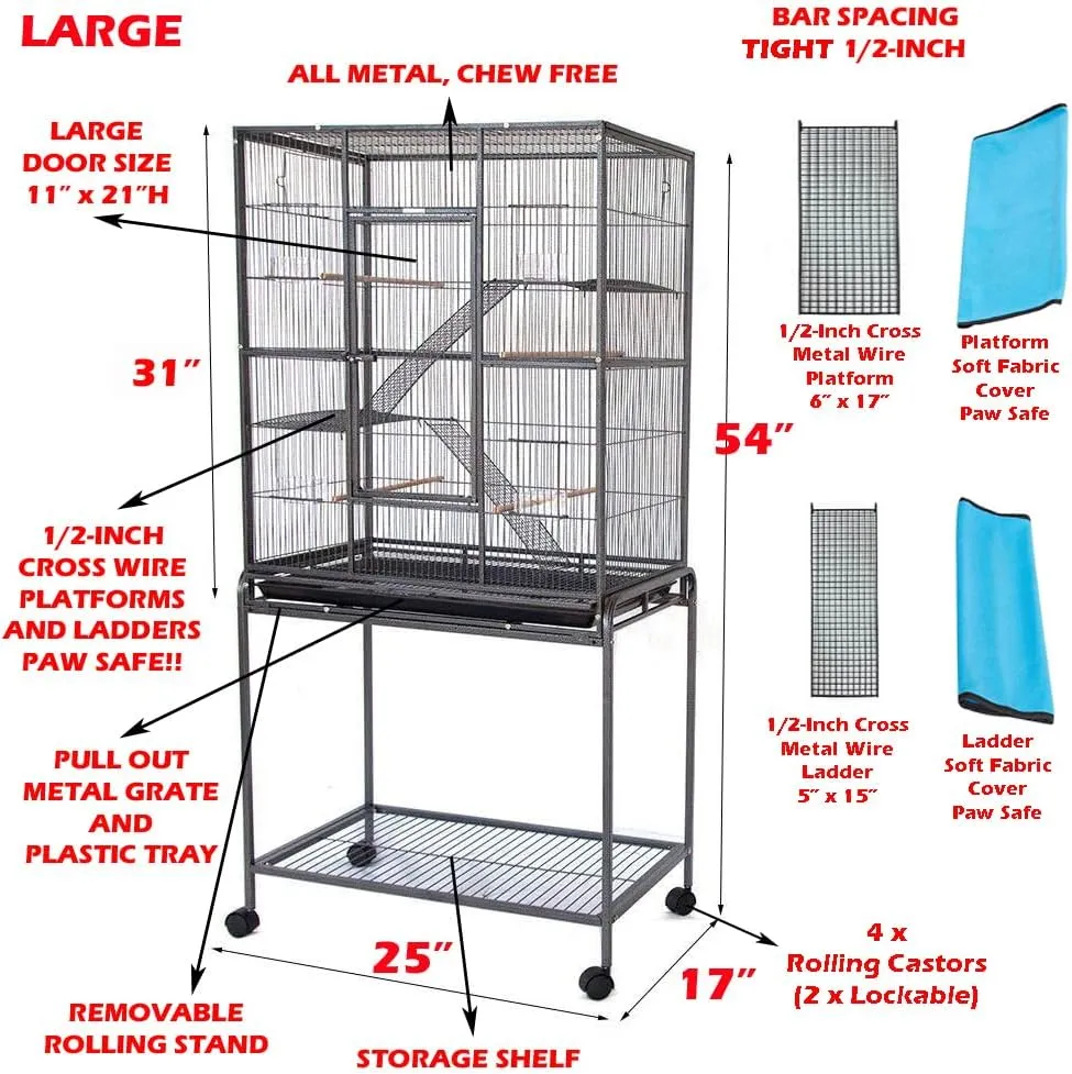 Extra Large Wrought Iron Chew-Proof 4-Levels Narrow Bar Spacing Ferret Chinchilla Squirrel Sugar Glider Rats Mices Rabbit Squirrel Hamster Cage Easy Clean Pull Out Tray with Removable Rolling Stand