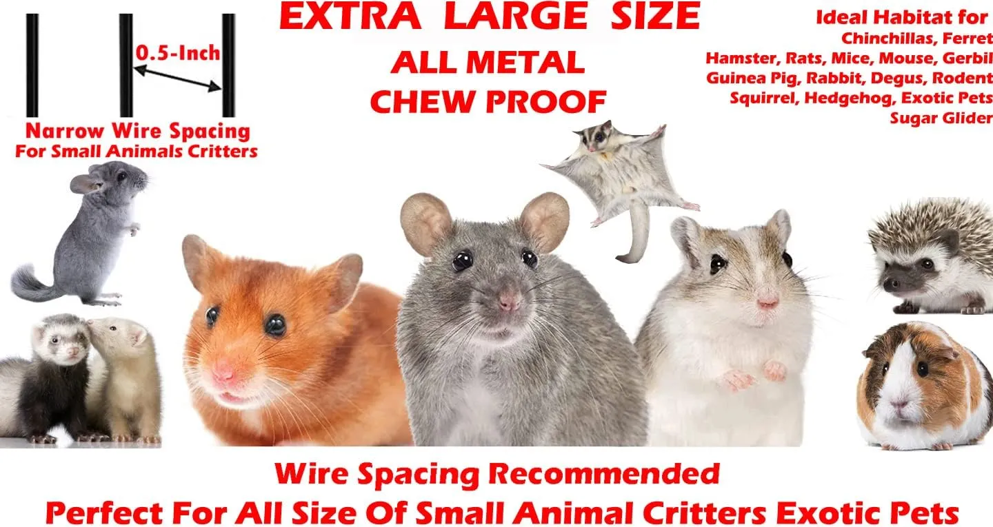 Extra Large Wrought Iron Chew-Proof 4-Levels Narrow Bar Spacing Ferret Chinchilla Squirrel Sugar Glider Rats Mices Rabbit Squirrel Hamster Cage Easy Clean Pull Out Tray with Removable Rolling Stand
