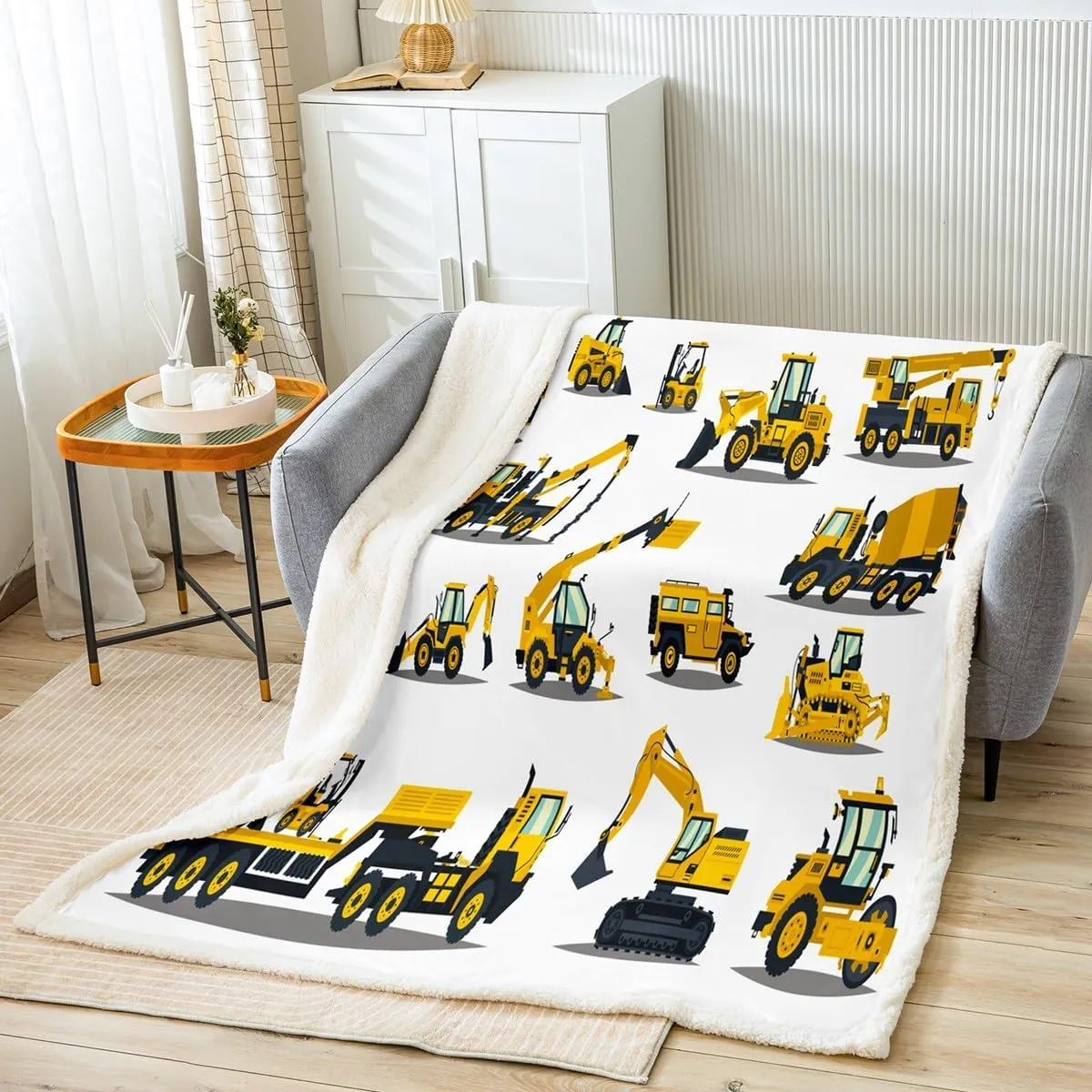 Feelyou Construction Site Fleece Throw Blanket Kids Toddler Excavator Truck Flannel Sherpa Blanket Soft Comfort Plush Blankets for Boys & Girls 60"X80"