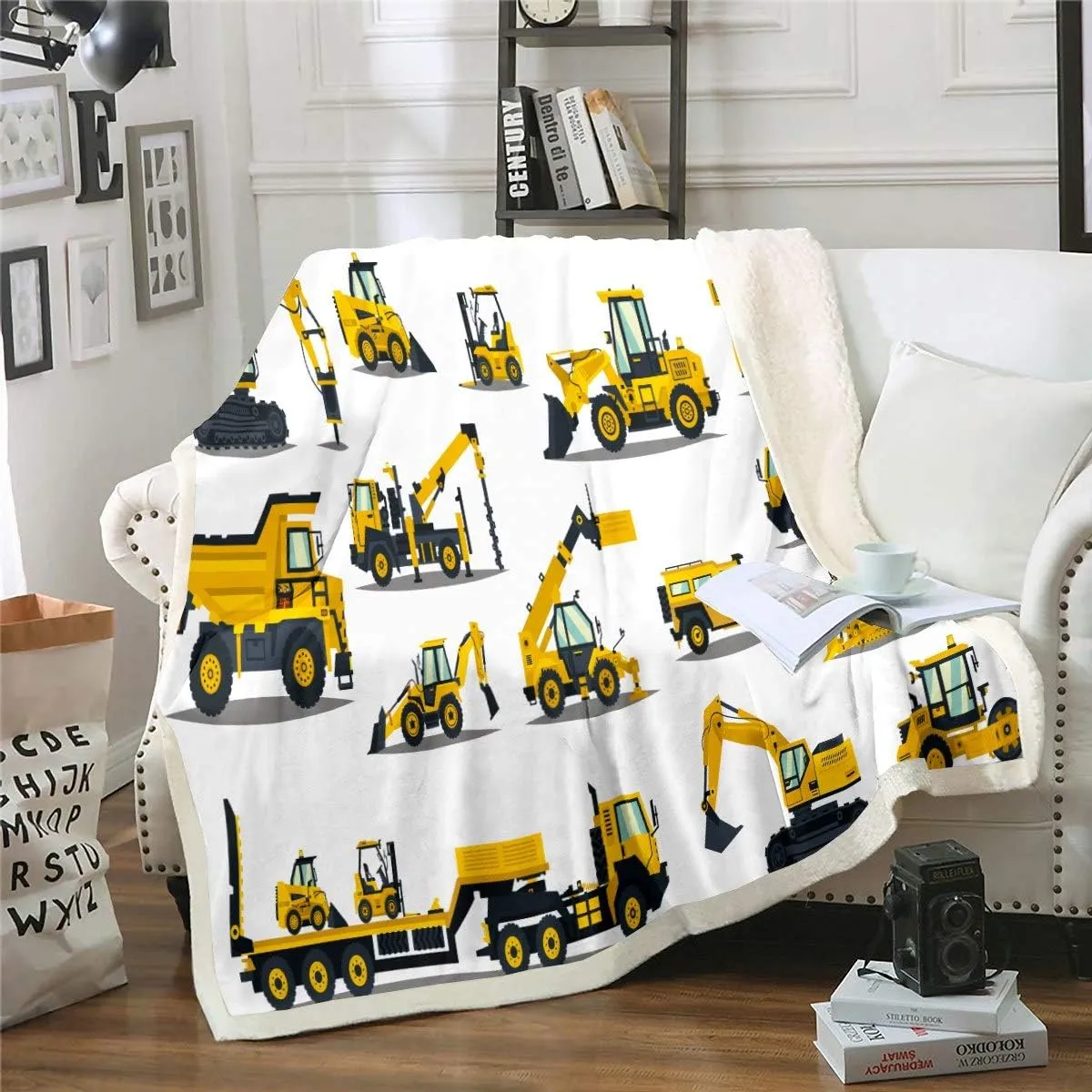 Feelyou Construction Site Fleece Throw Blanket Kids Toddler Excavator Truck Flannel Sherpa Blanket Soft Comfort Plush Blankets for Boys & Girls 60"X80"
