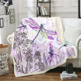 Feelyou Dragonfly Sherpa Blanket Twin 60x80 Inches Botanical Floral Fleece Throw Blanket for Kids Girls Teens Women Bedroom Decor Nature Animals Branches for Sofa Bed Couch Purple