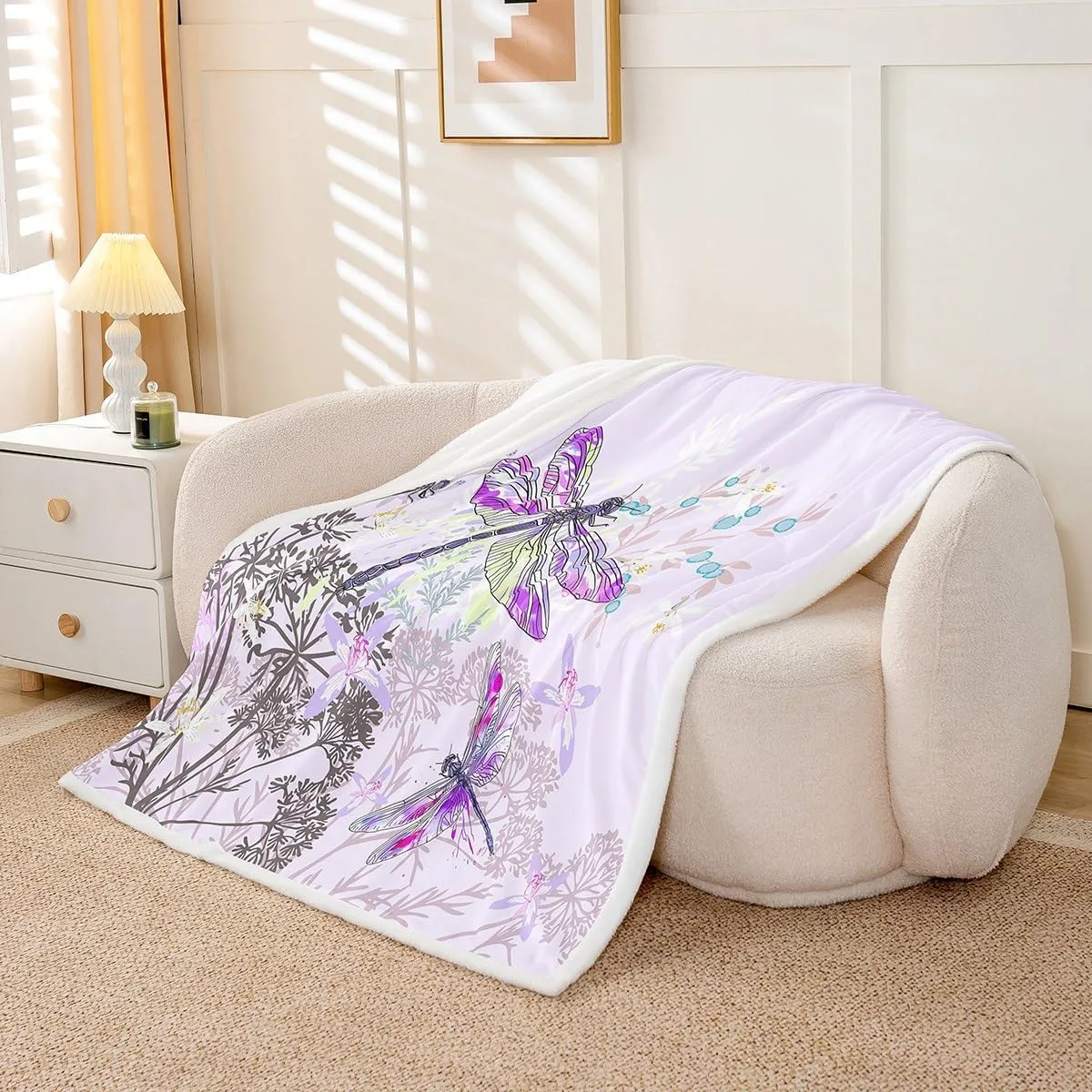 Feelyou Dragonfly Sherpa Blanket Twin 60x80 Inches Botanical Floral Fleece Throw Blanket for Kids Girls Teens Women Bedroom Decor Nature Animals Branches for Sofa Bed Couch Purple