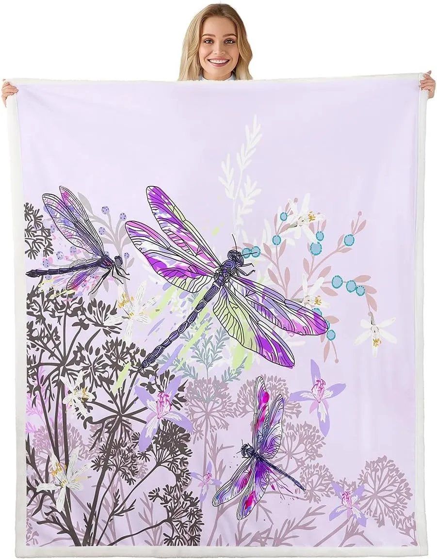 Feelyou Dragonfly Sherpa Blanket Twin 60x80 Inches Botanical Floral Fleece Throw Blanket for Kids Girls Teens Women Bedroom Decor Nature Animals Branches for Sofa Bed Couch Purple
