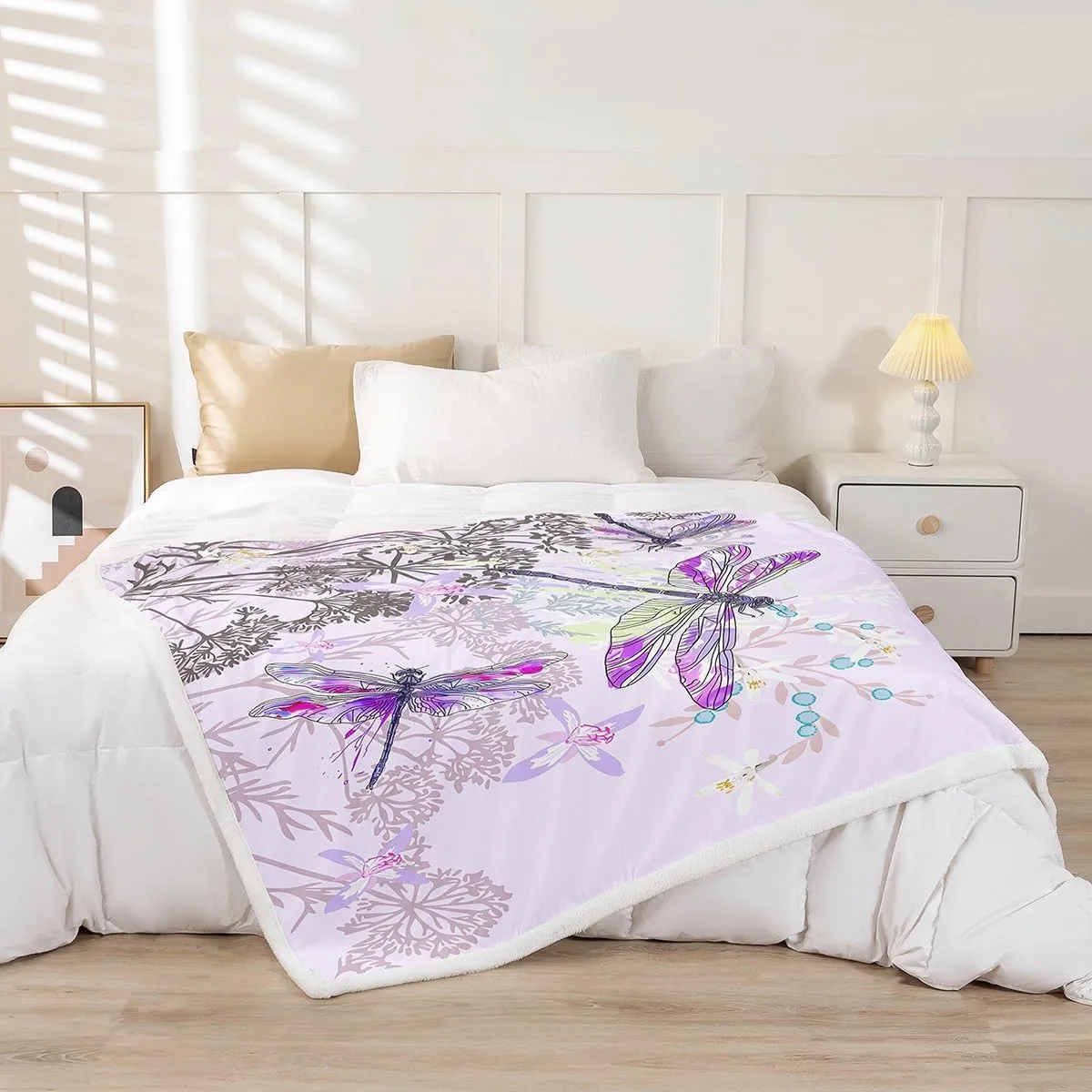 Feelyou Dragonfly Sherpa Blanket Twin 60x80 Inches Botanical Floral Fleece Throw Blanket for Kids Girls Teens Women Bedroom Decor Nature Animals Branches for Sofa Bed Couch Purple