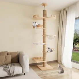 Floor to Ceiling Cat Tree, 7-Tier Multifunctional Cat Tower Height Adjustable, Wooden Cat Condo with 7 Sisal Scratching Post and Mat Cat Pole for Indoor Cats