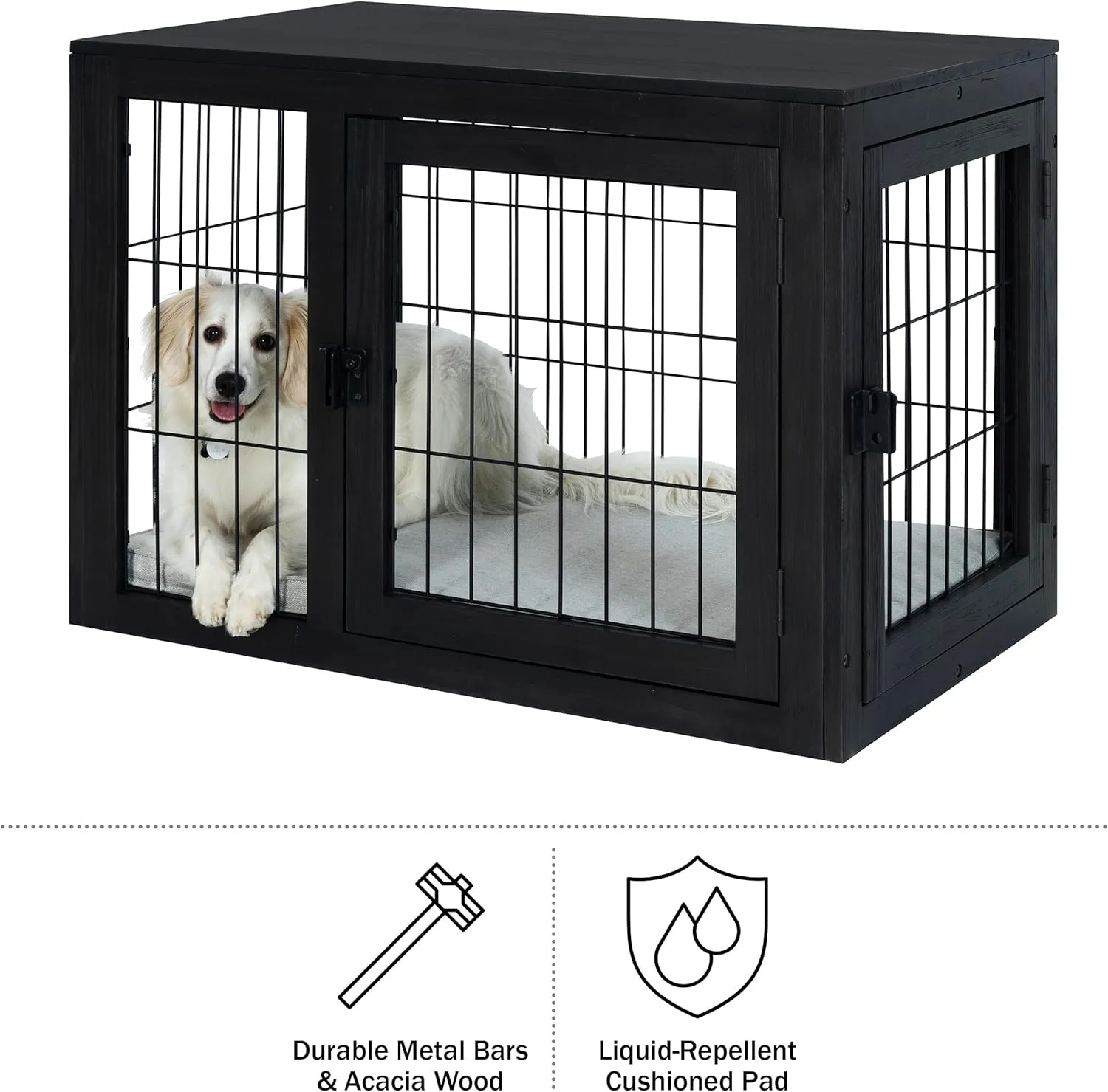 Furniture-Style Dog Crate - Acacia Wood Kennel for Medium Dogs with Double Doors and Cushion - Dog Cage Furniture by PETMAKER (Black)